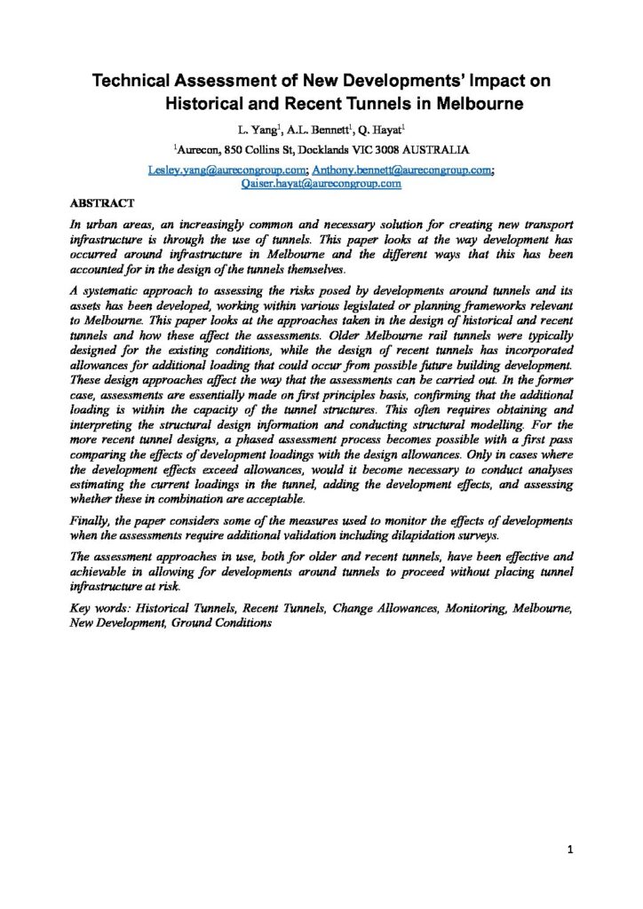 Technical Assessment of New Developments’ Impact on Historical and Recent Tunnels in Melbourne